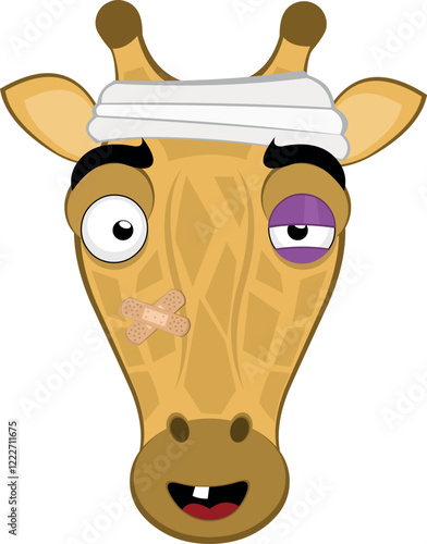 vector illustration emoji face giraffe character cartoon, injured with bandages on his head, a black eye, a single tooth