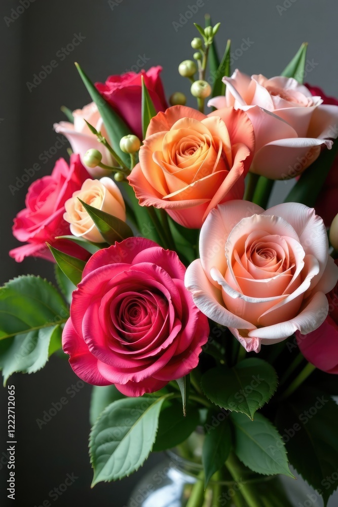 Exquisite bouquet featuring a blend of colorful roses and tulips, blossoms, flowers, arrangement Exquisite bouquet featuring a blend of colorful roses and tulips, blossoms, flowers, arrangement