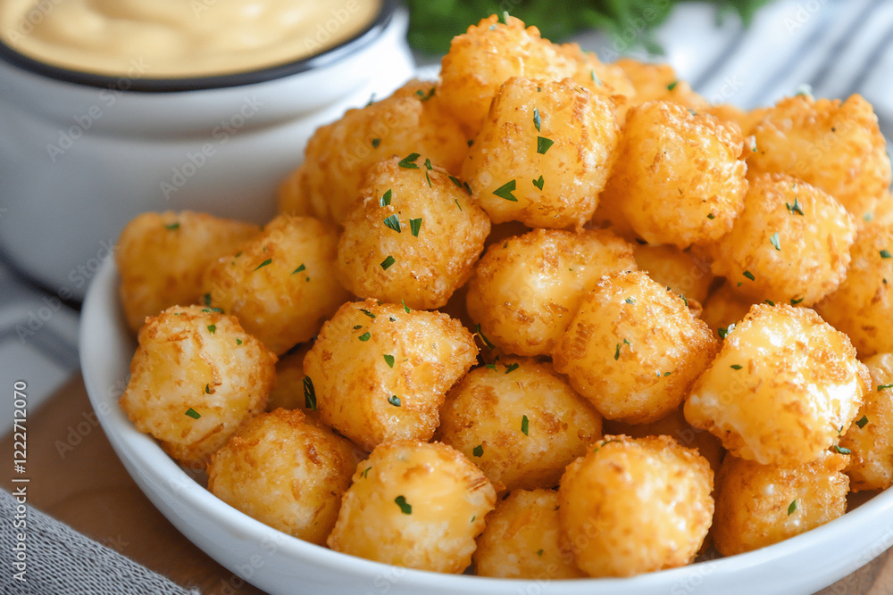Golden, crispy tater tots served in a white bowl with a side of creamy dipping sauce on a table Golden, crispy tater tots served in a white bowl with a side of creamy dipping sauce on a table