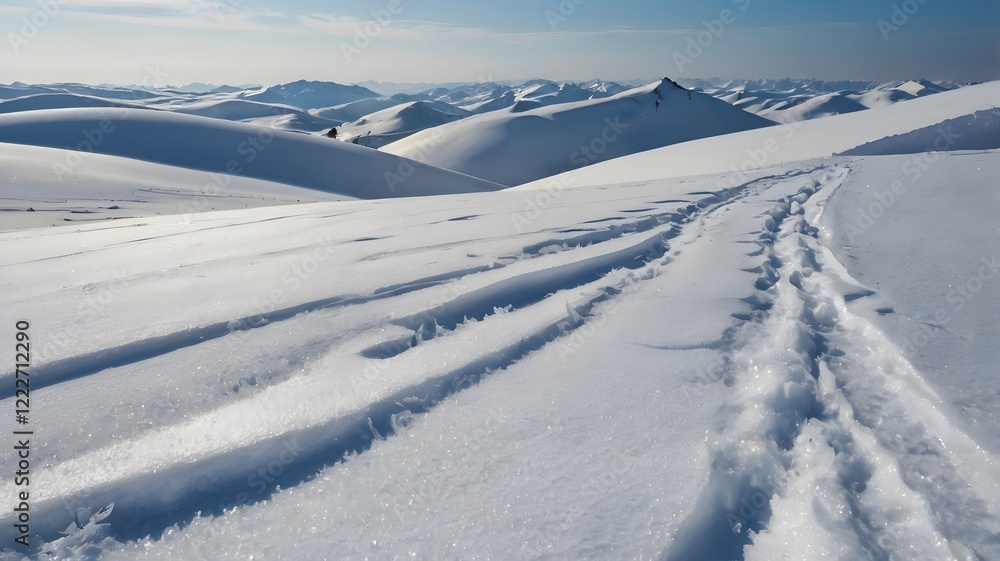 Glacier snowy landscape gentle hills, marked with tracks, clear vivid blue sky, serene snow tranquil winter scene for untouched nature & seasonal tranquillity Glacier snowy landscape gentle hills, marked with tracks, clear vivid blue sky, serene snow tranquil winter scene for untouched nature & seasonal tranquillity