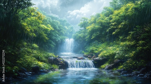 A lush, green forest scene depicting heavy rain.