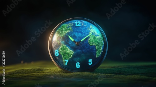 Earth clock concept with continents as dial, time passing on our planet, Generated AI