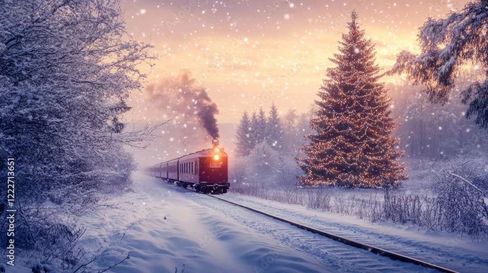 Train travels through a snowy landscape with a decorated tree at sunset