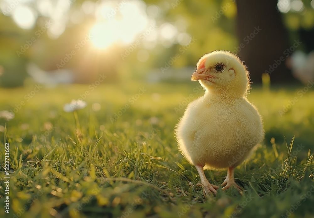 Adorable yellow chick standing on green grass in a soft sunset light, capturing the essence of springtime and new beginnings in a serene outdoor setting. Adorable yellow chick standing on green grass in a soft sunset light, capturing the essence of springtime and new beginnings in a serene outdoor setting.