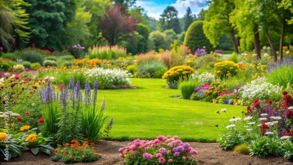 Lush green grass and rich soil with wildflowers, fauna, botanical garden, fauna, botanical garden Lush green grass and rich soil with wildflowers, fauna, botanical garden, fauna, botanical garden