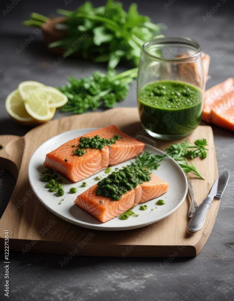 Glass filled with green wild garlic pesto next to fresh salmon fillet, herb, seasoning, Mediterranean, sauce, cooking oil Glass filled with green wild garlic pesto next to fresh salmon fillet, herb, seasoning, Mediterranean, sauce, cooking oil