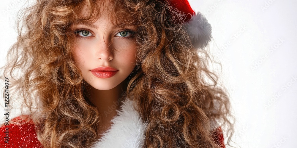 Fototapeta premium Festive portrait of a woman with long curly hair in a red Santa outfit with white fur trim against a bright white background showcasing holiday spirit
