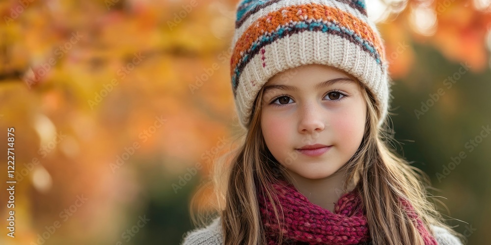 Portrait of a young girl wearing a cozy knitted hat and scarf with autumn foliage in the background featuring warm orange and yellow hues. Portrait of a young girl wearing a cozy knitted hat and scarf with autumn foliage in the background featuring warm orange and yellow hues.