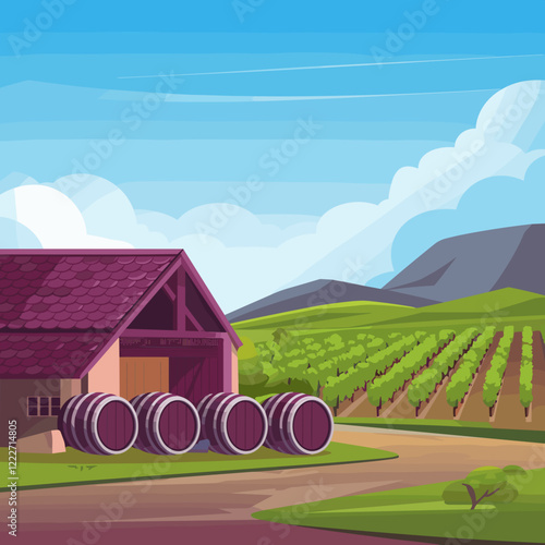 Vineyard and Winery with Wine Barrels