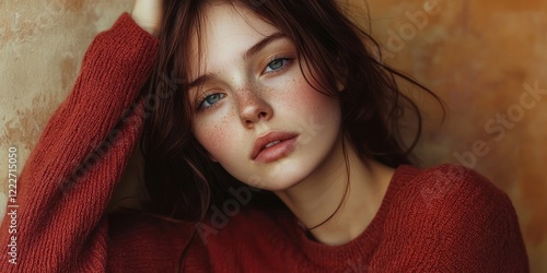 Young woman with long brown hair in a rusty red sweater against a textured warm beige background, showcasing natural beauty and freckles. photo