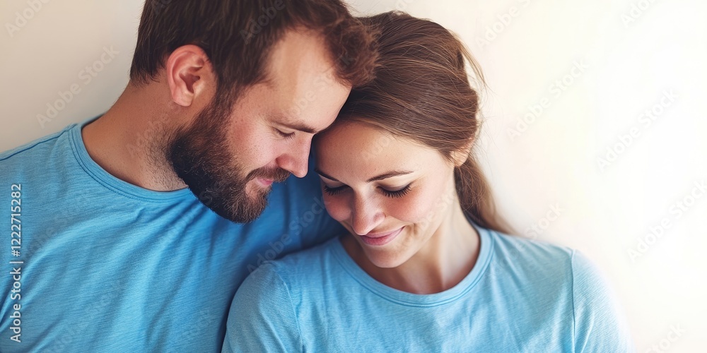 Couple in light blue shirts joyfully embracing with foreheads touching against a soft white backdrop creating an intimate romantic scene Couple in light blue shirts joyfully embracing with foreheads touching against a soft white backdrop creating an intimate romantic scene
