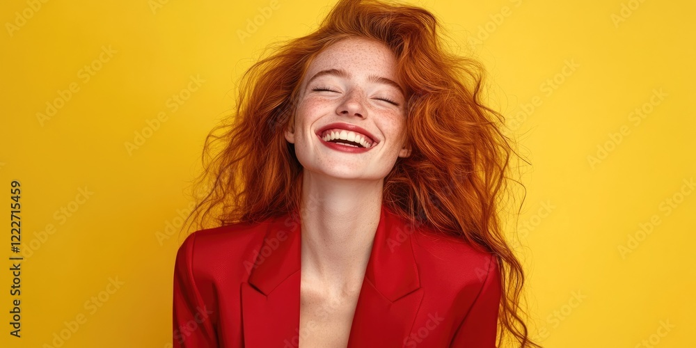 Ginger-haired model in a vibrant red suit smiles brightly against a radiant yellow background, showcasing a lively and joyful studio atmosphere. Ginger-haired model in a vibrant red suit smiles brightly against a radiant yellow background, showcasing a lively and joyful studio atmosphere.