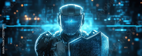Futuristic robotic warrior with digital shield in neon glowing cyberspace