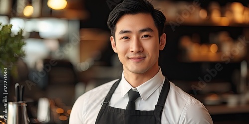 Smiling Asian waiter in a black apron and tie against a blurred cafÃ© background with warm lighting and soft focus on the foreground elements photo