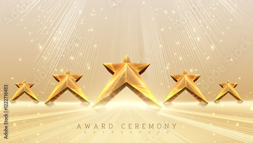 Elegant 3D gold star display stand with glow decoration and bright gold spotlights. Ideal for award ceremonies, celebrations and recognition events. Vector illustration.