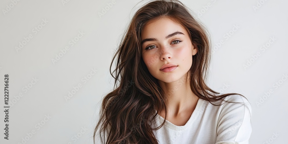 Naklejka premium Young woman with long brown hair in casual white top against a light background exuding confidence and authenticity in a serene portrait.