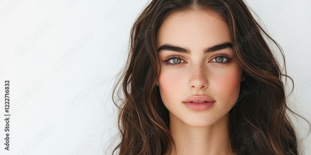Fototapeta premium Brunette woman with wavy hair and natural makeup centered against a soft white background, highlighting her striking features and expressive eyes