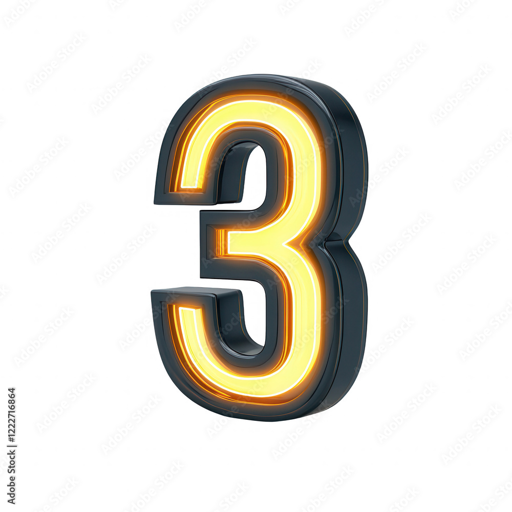 A vibrant neon number three in glowing yellow and black, perfect for modern designs., isolated on a transparent background. A vibrant neon number three in glowing yellow and black, perfect for modern designs., isolated on a transparent background.
