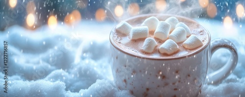 Warm hot chocolate with marshmallows in snowy winter setting photo