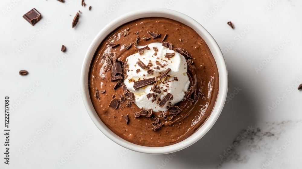 A bowl of rich chocolate mousse topped with a dollop of whipped cream and a sprinkle of cocoa powder, Centered in a minimalist glass bowl, Overhead view with soft ambient light A bowl of rich chocolate mousse topped with a dollop of whipped cream and a sprinkle of cocoa powder, Centered in a minimalist glass bowl, Overhead view with soft ambient light