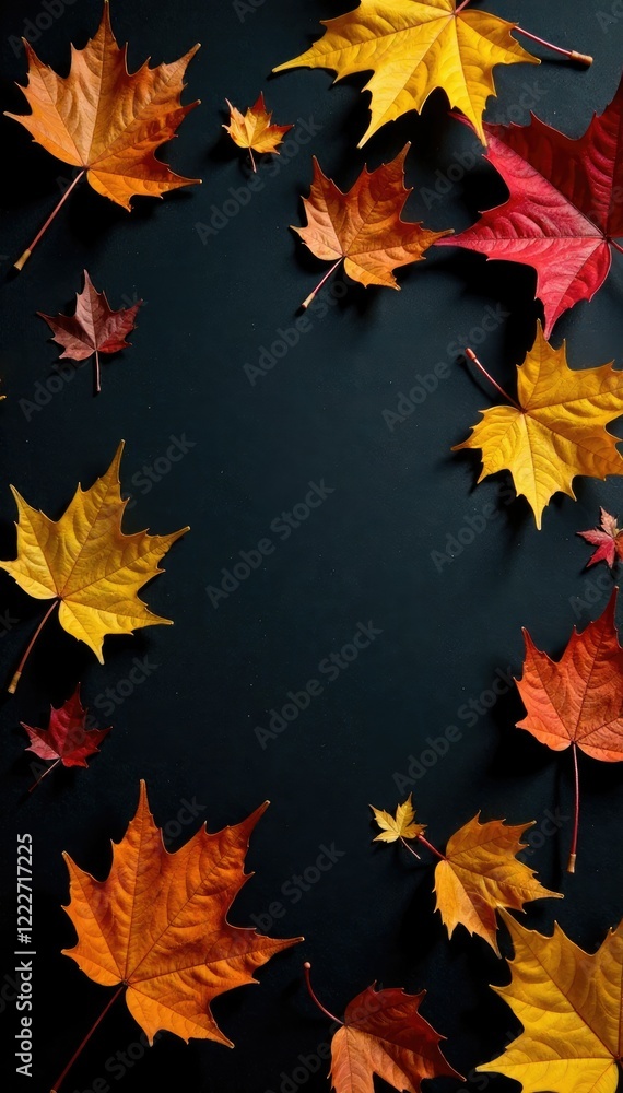 Fototapeta premium Golden autumn leaves scattered on a black surface with a few twigs, twigs, textures, fall