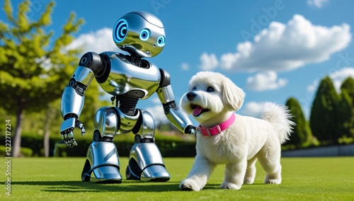 A friendly robot walking with a dog in a park