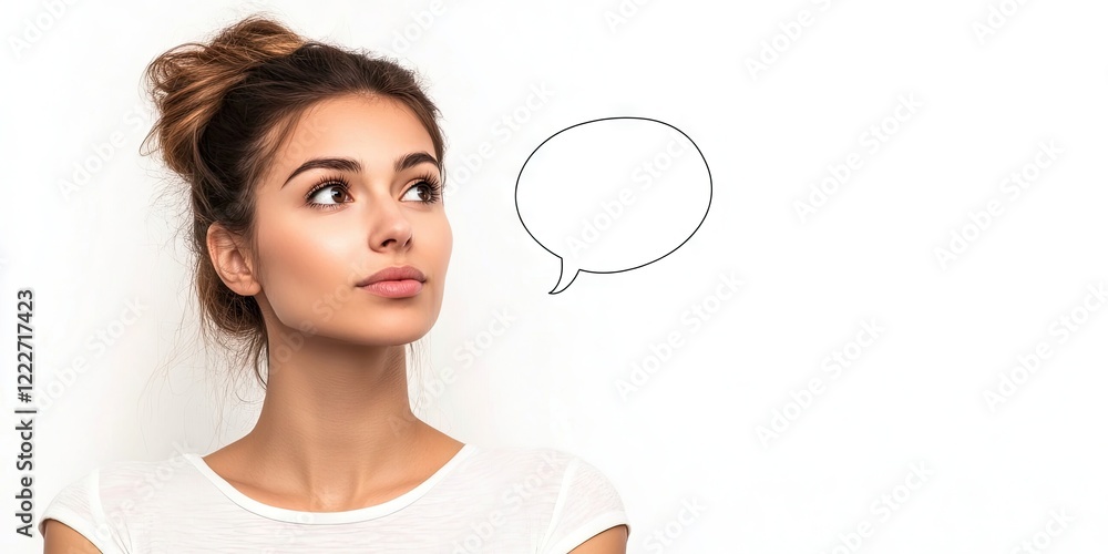 Thoughtful young woman with brown hair in a bun looking up on a white background with an empty speech bubble on the right side Thoughtful young woman with brown hair in a bun looking up on a white background with an empty speech bubble on the right side