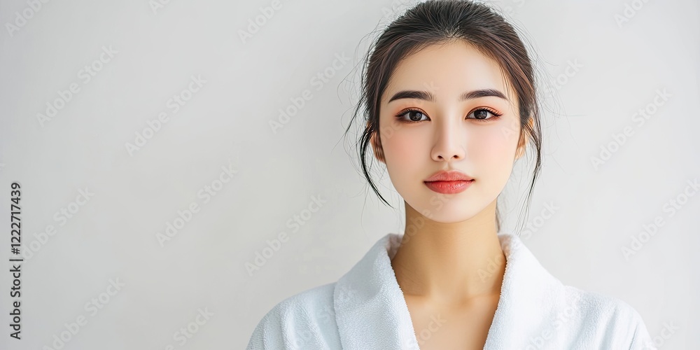Elegant Asian woman with flawless skin in a white bathrobe, centered against a soft white background, promoting beauty, skincare, and spa wellness. Elegant Asian woman with flawless skin in a white bathrobe, centered against a soft white background, promoting beauty, skincare, and spa wellness.