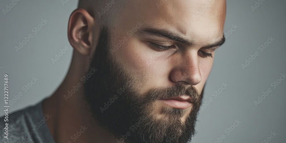 Obraz premium Serious bald young man with a thick beard looking down thoughtfully against a soft gray backdrop with natural lighting and subtle shadows