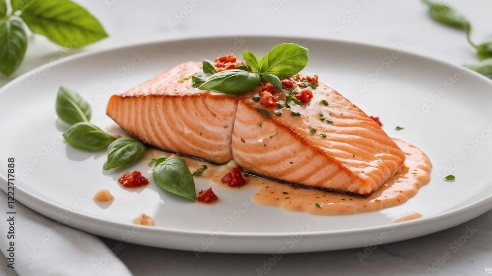 Seared salmon fillet with creamy sun-dried tomato sauce. Seared salmon fillet with creamy sun-dried tomato sauce.