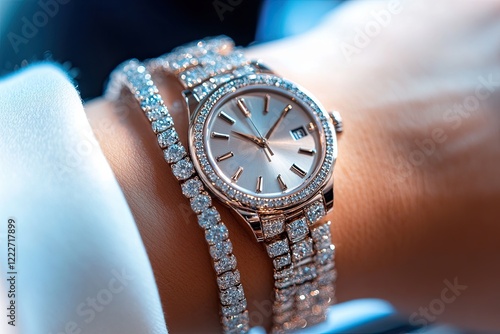 A close-up of woman's wrist with multiple diamond bracelets and an elegant watch, with a brown leather strap. The timepiece is designed in a classic round shape with a white face.