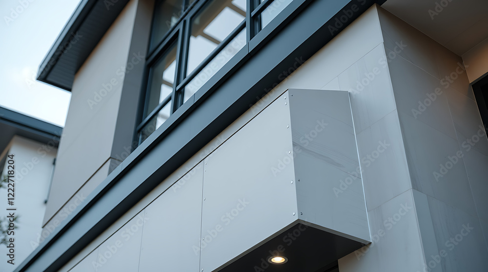 Obraz premium Modern Architectural Design: Sleek Exterior with Grey Metal Panels and Large Windows. Contemporary Home Facade, Urban Residential Property