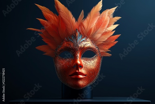 A decorative Venetian mask with intricate patterns and vibrant orange feathers, displayed against a dramatic dark background. photo