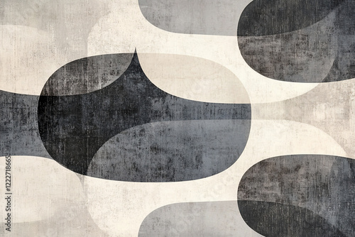 Abstract geometric design featuring smooth, overlapping shapes in monochrome tones on textured background