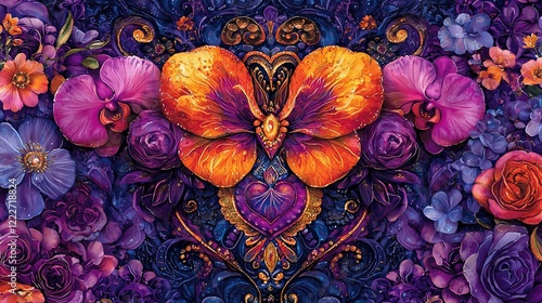   A vibrant painting depicts purple and orange blossoms encircling a central butterfly, with an array of smaller blooms in the background