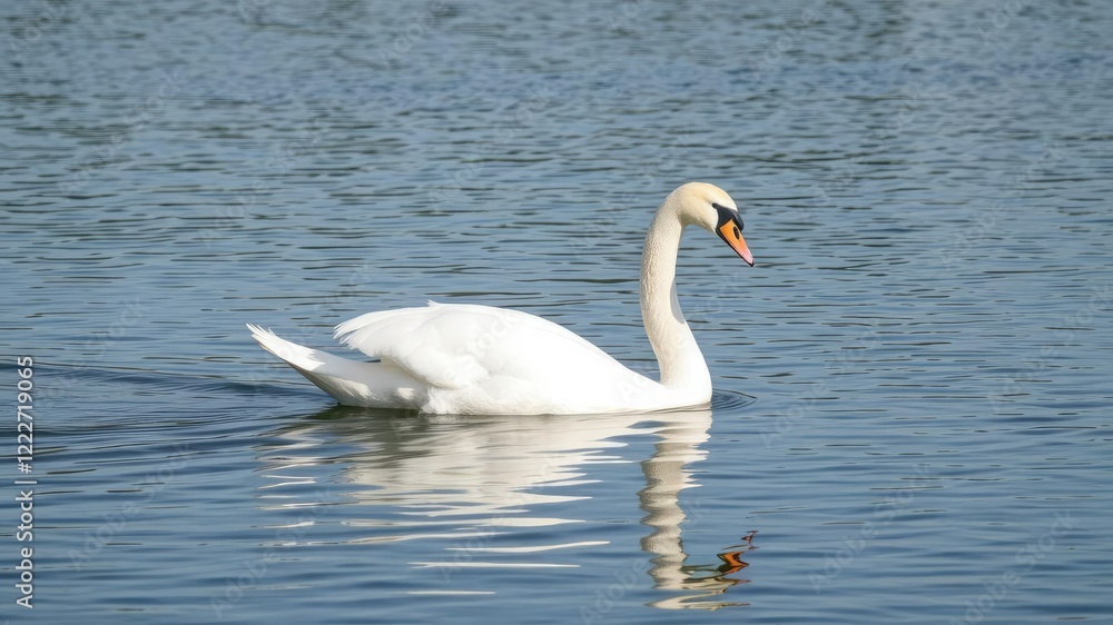 Graceful white swan gliding peacefully across a tranquil lake with its reflection shimmering in the water, beauty, peaceful, bird Graceful white swan gliding peacefully across a tranquil lake with its reflection shimmering in the water, beauty, peaceful, bird