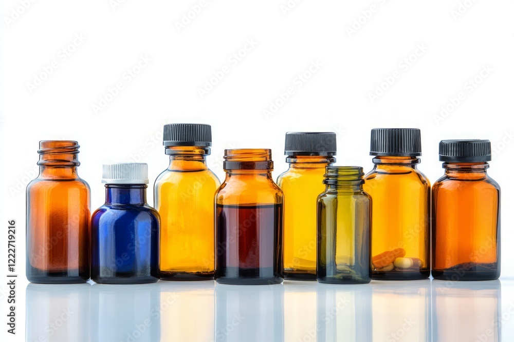 Assortment of Amber and Blue Glass Bottles for Healthcare Products Assortment of Amber and Blue Glass Bottles for Healthcare Products