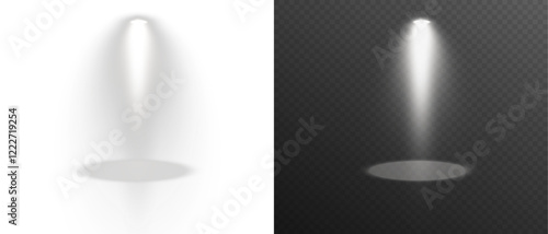 White spotlight shines on transparent background. Glowing light effect. Scene spotlight on stage. Spotlight PNG. Vector lights: source, studio, walls. PNG file.