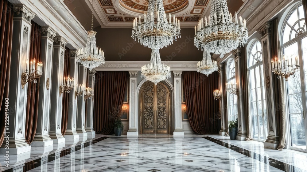 Fototapeta premium Grand foyer with crystal chandeliers and marble flooring, surrounded by velvet curtains, crystal chandeliers, elegant seating areas