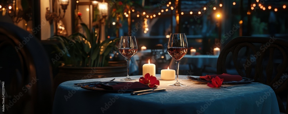 Naklejka premium Romantic candlelit dinner setting with red wine and flowers on elegant table
