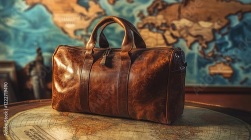 Elegant leather travel bag rests on vintage map with world map backdrop in a cozy setting photo