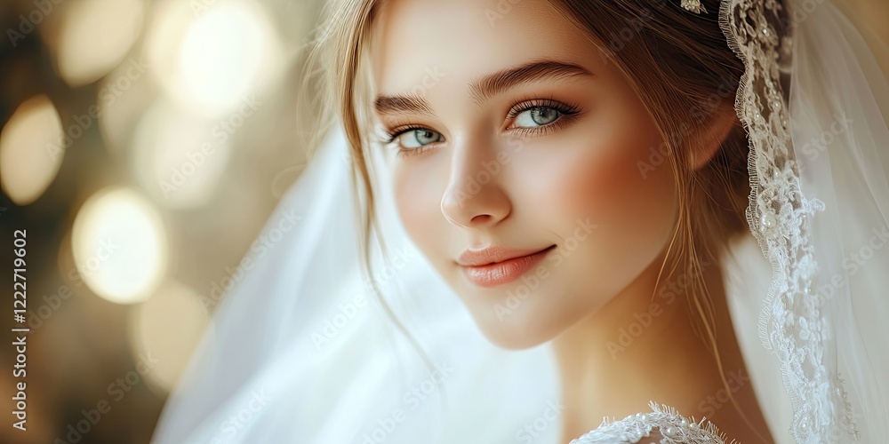 Graceful young bride with soft makeup and natural glow, wearing a delicate veil, set against a bokeh background of warm golden tones. Graceful young bride with soft makeup and natural glow, wearing a delicate veil, set against a bokeh background of warm golden tones.