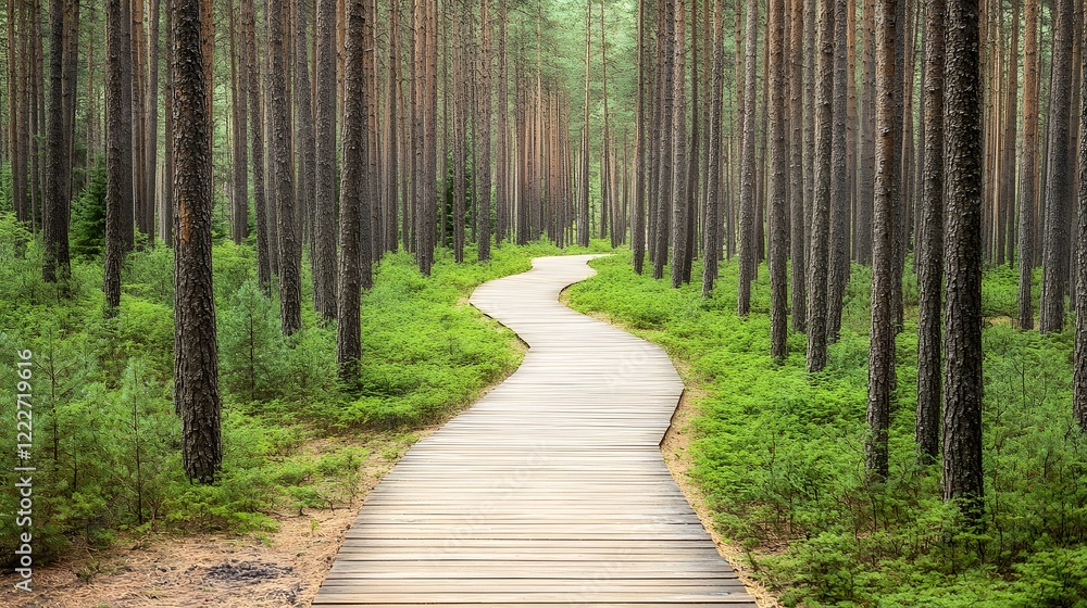 Obraz premium Winding Wooden Path Through Lush Pine Forest