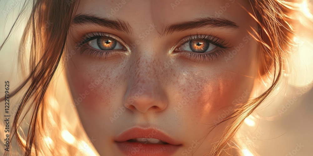 Portrait of a young woman with freckled skin and captivating amber eyes framed by soft, wavy hair glistening in warm sunlight background. Portrait of a young woman with freckled skin and captivating amber eyes framed by soft, wavy hair glistening in warm sunlight background.