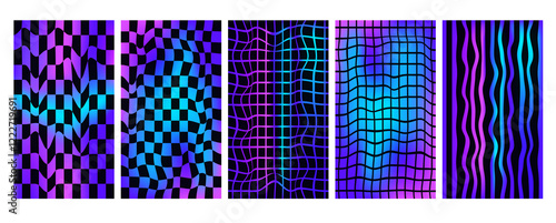 Checkerboard holographic background set. Psychedelic checker gradient posters templates. Surreal chessboard with distorted grid and stripes. Vector techno geometric backdrops. photo