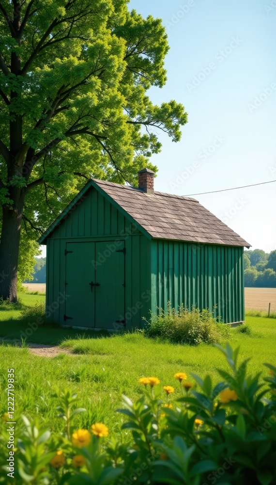 Obraz premium Rustic green metal shed in a rural landscape surrounded by fields and trees, agriculture, countryside