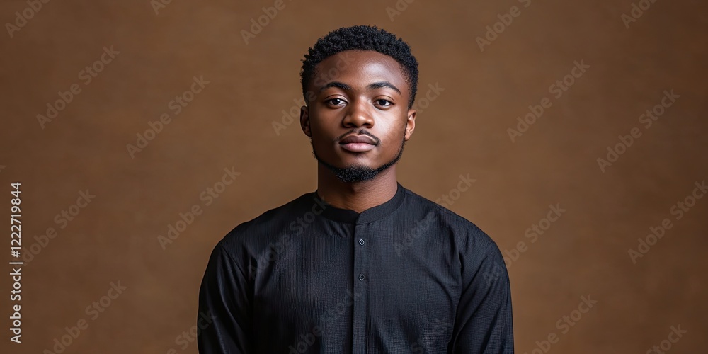 Obraz premium Young African man in a black long-sleeved shirt standing confidently against a warm brown background showcasing a professional studio setting.
