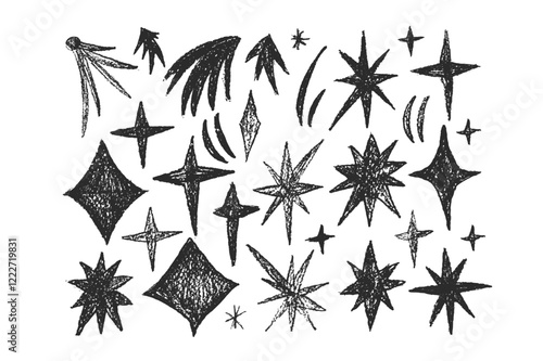 Crayon drawn sparkle stars set. Space shine shapes and blings doodle pack. Comets , twinkle and blinking. Vector pencil or charcoal handdrawn black scribble illustration isolated on white background.