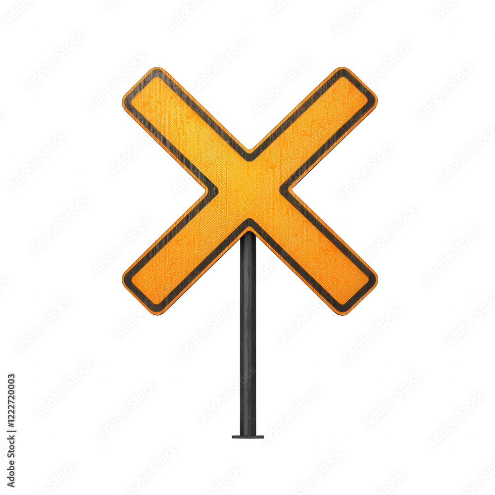 Obraz premium An orange warning sign depicting a cross, signaling caution for drivers.