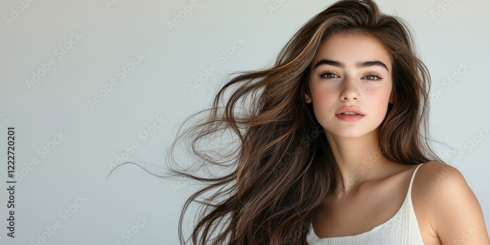 Brunette woman with flowing hair in a white top posing gracefully against a soft neutral background showcasing natural beauty and confidence Brunette woman with flowing hair in a white top posing gracefully against a soft neutral background showcasing natural beauty and confidence